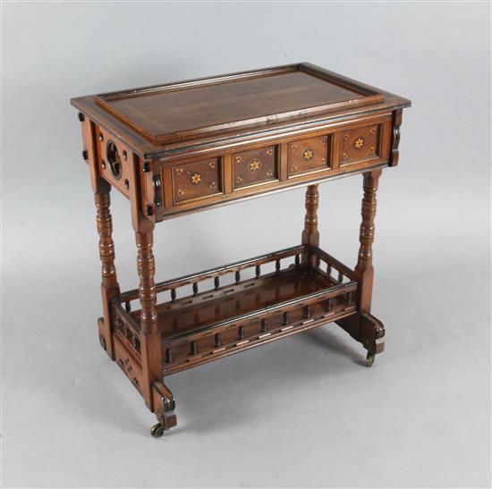 A Victorian Gillow walnut and marquetry work table, c.1865-70, the design attributed to Charles Bevan, W.2ft 4in.